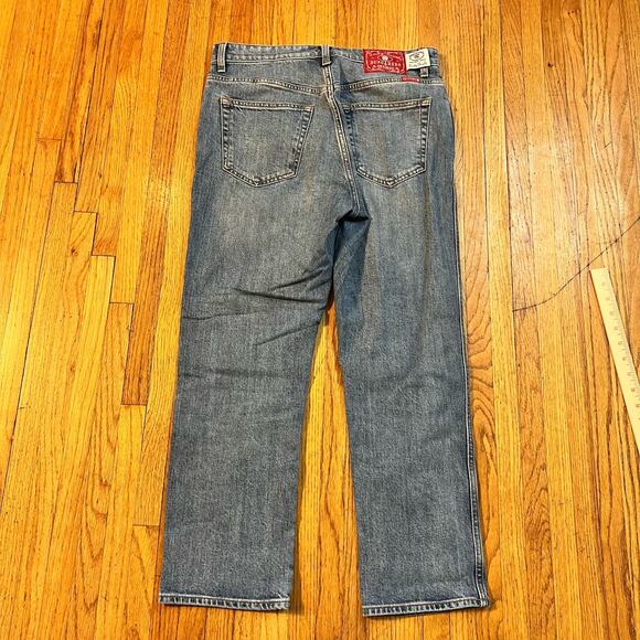 Lucky Jeans Womens 28 Spellout Straight Dungaree Button Fly Blue Denim crop - Picture 4 of 11